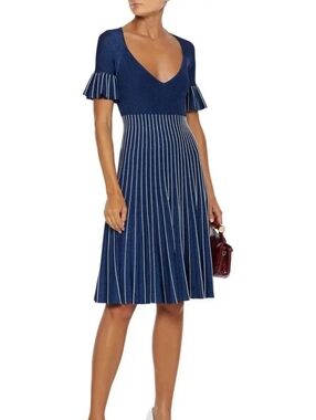Jonathan Simkhai Pleated Stretch Knit Dress Small Blue Metallic Occasion Flirty